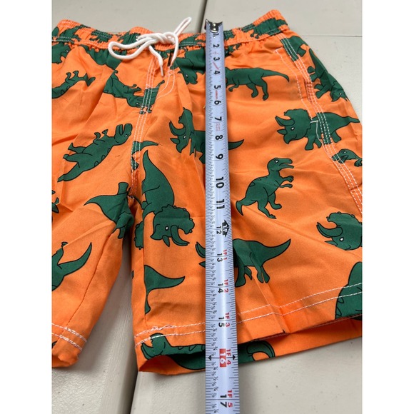 Orange Green Dinosaur Print Big Boys Medium Swim Trunks Swimwear Lined Shorts - Picture 3 of 7